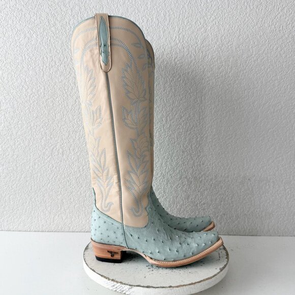 Lane SANDAGA Knee High Womens Cowboy Boots Blue Ostrich Western Tall Size 7.5 - Picture 2 of 14